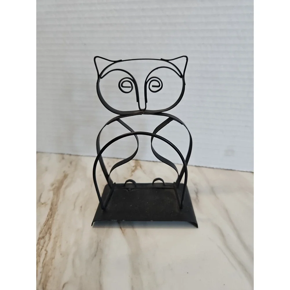 Vtg Matte Black Metal Owl Scroll  Napkin Letter Holder Decor